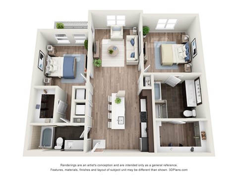 Floor plan for 2 beds, 2 baths, 1244 sqft